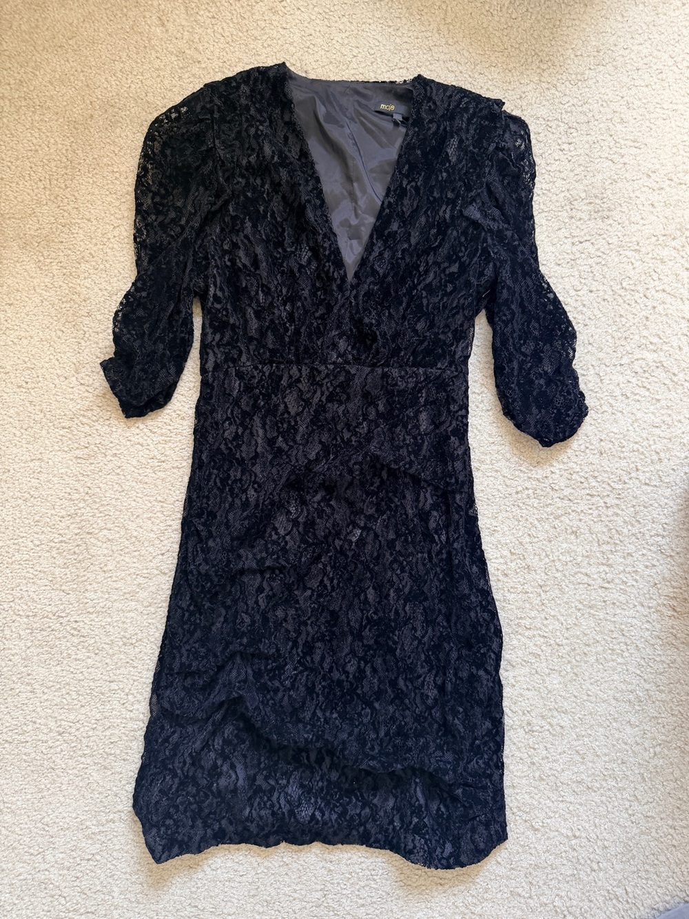 Maje Black Lace Midi Dress with V-Neck